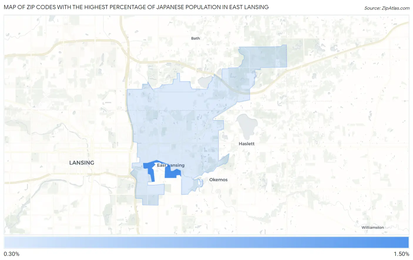 Zip Codes with the Highest Percentage of Japanese Population in East Lansing Map