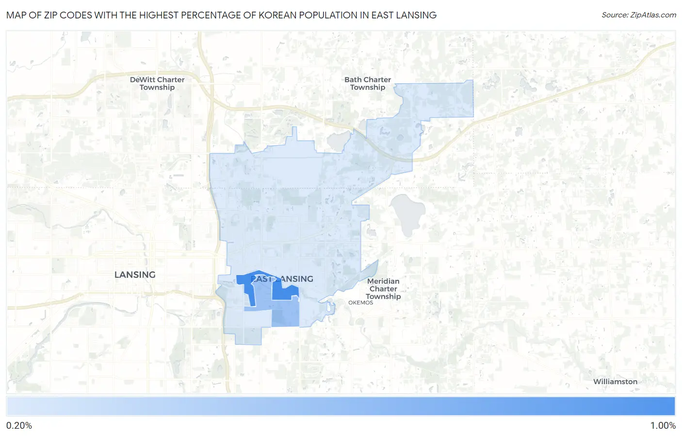 Zip Codes with the Highest Percentage of Korean Population in East Lansing Map