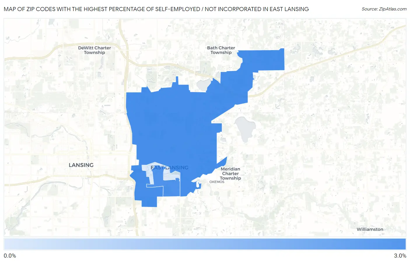 Zip Codes with the Highest Percentage of Self-Employed / Not Incorporated in East Lansing Map
