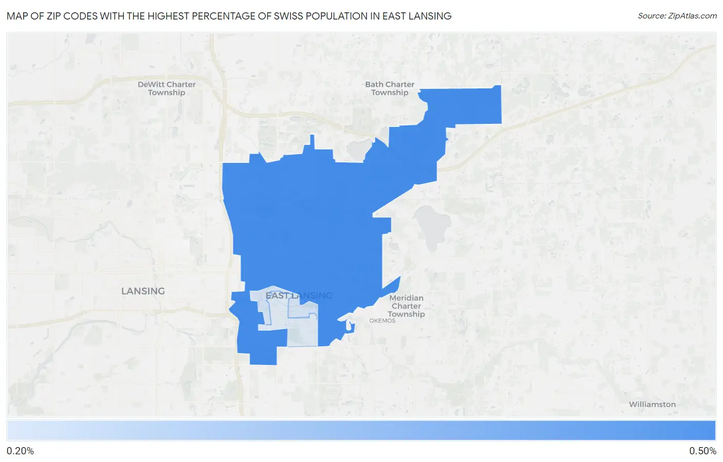 Zip Codes with the Highest Percentage of Swiss Population in East Lansing Map