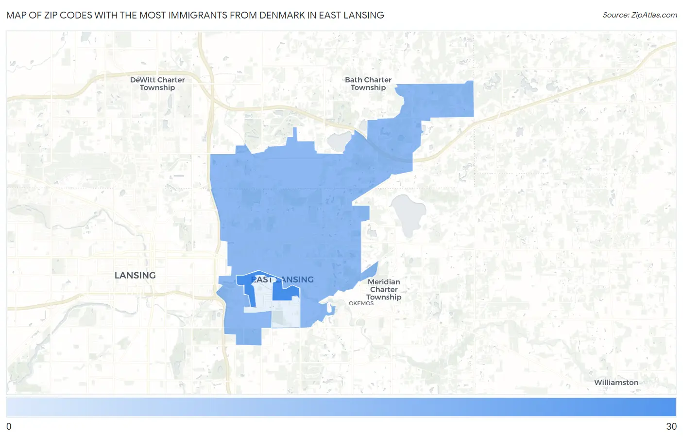 Zip Codes with the Most Immigrants from Denmark in East Lansing Map