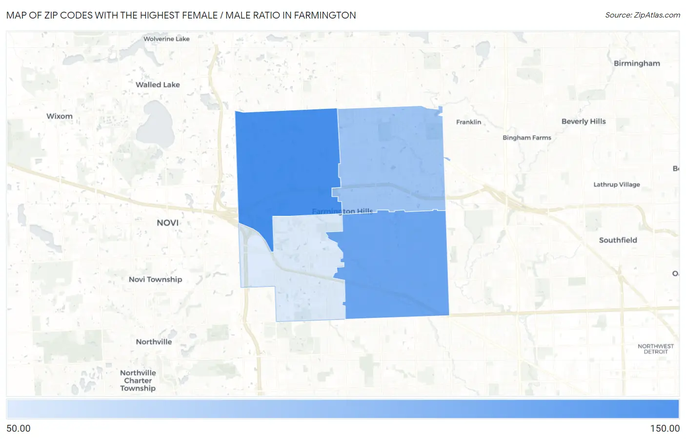 Zip Codes with the Highest Female / Male Ratio in Farmington Map