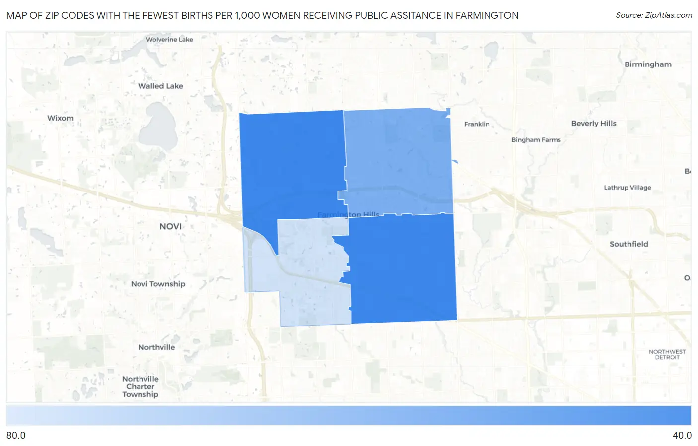 Zip Codes with the Fewest Births per 1,000 Women Receiving Public Assitance in Farmington Map