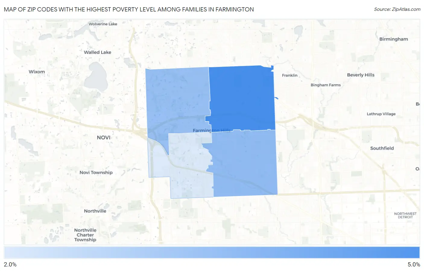 Zip Codes with the Highest Poverty Level Among Families in Farmington Map