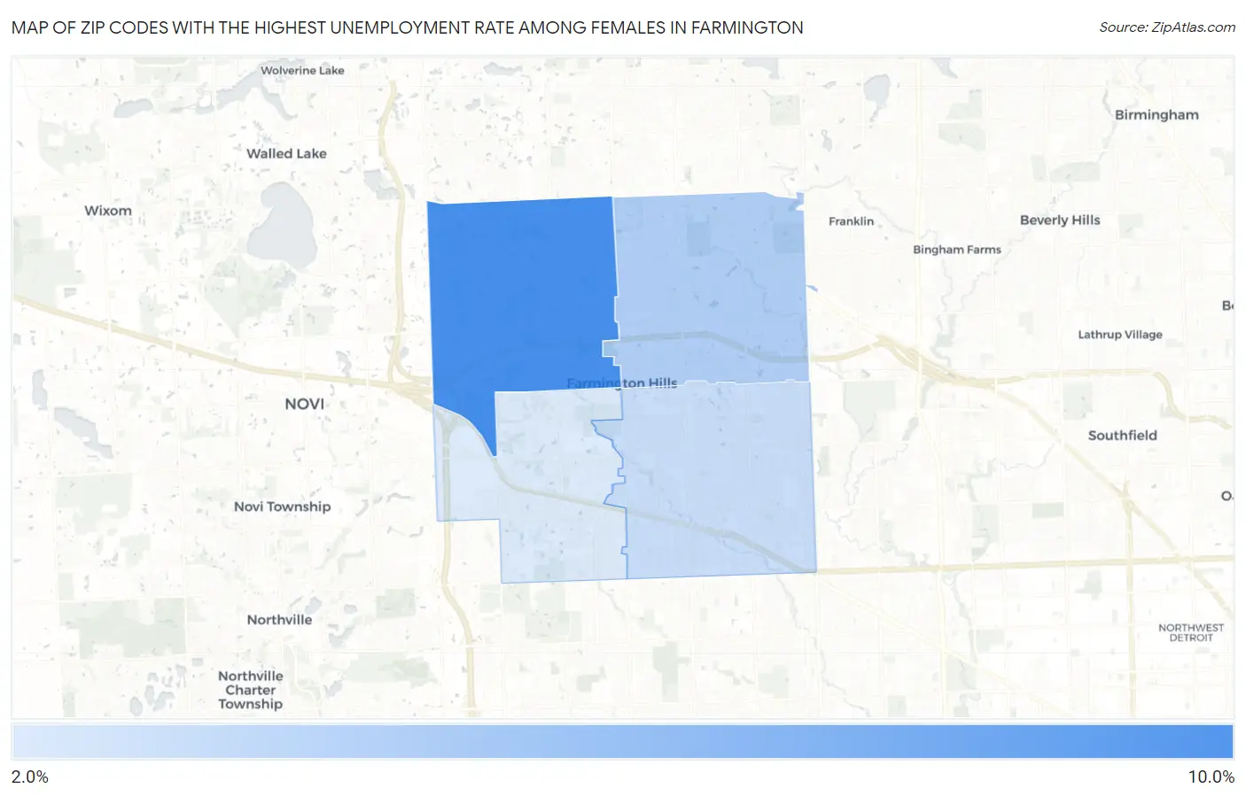 Zip Codes with the Highest Unemployment Rate Among Females in Farmington Map
