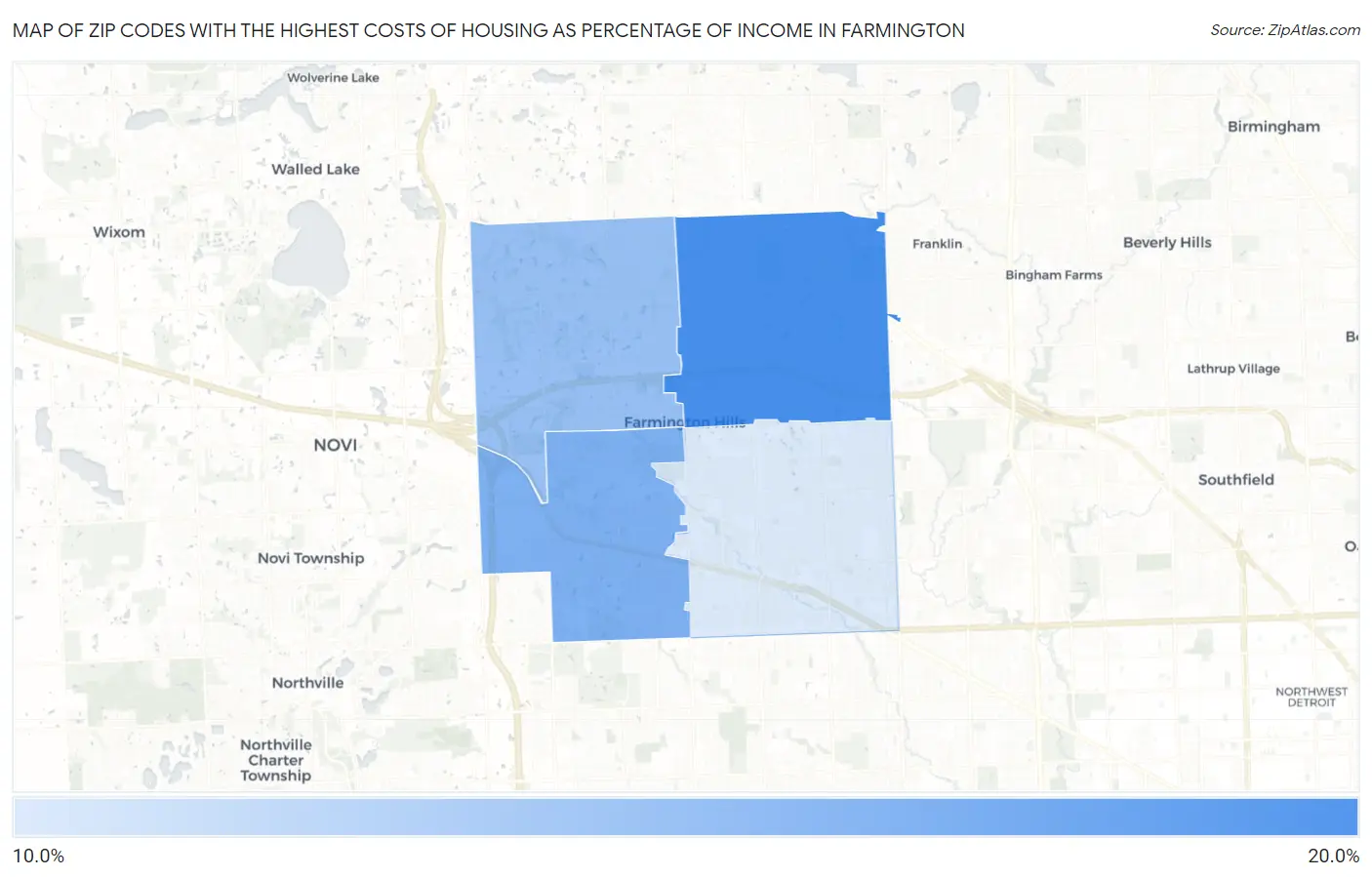 Zip Codes with the Highest Costs of Housing as Percentage of Income in Farmington Map
