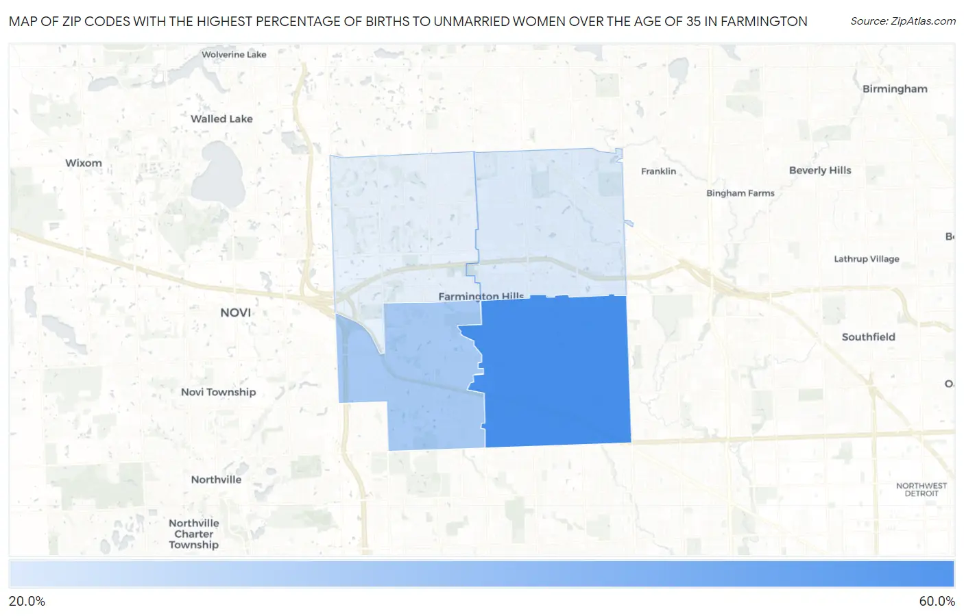 Zip Codes with the Highest Percentage of Births to Unmarried Women over the Age of 35 in Farmington Map