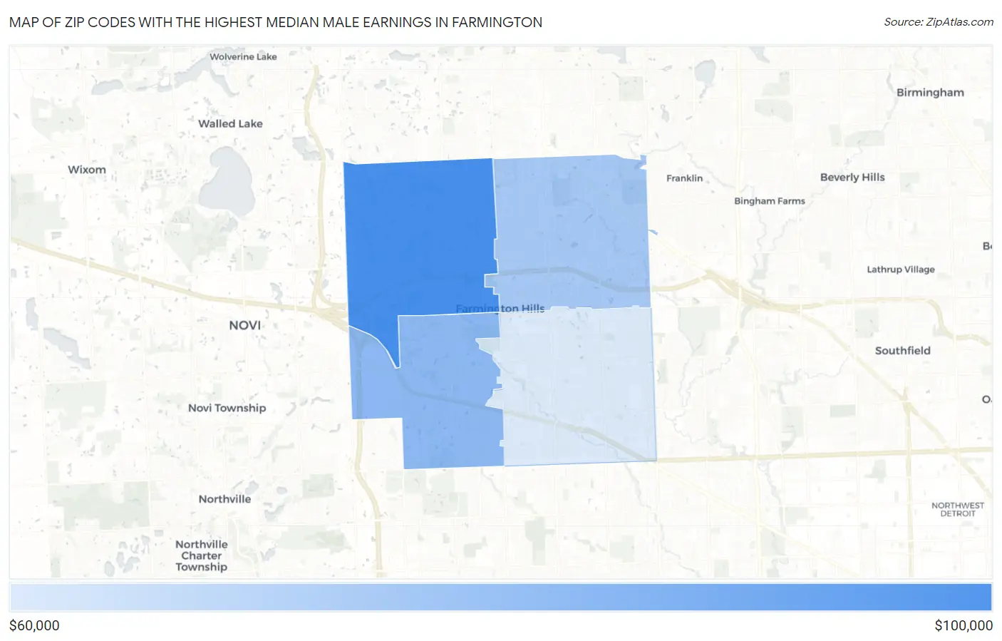 Zip Codes with the Highest Median Male Earnings in Farmington Map