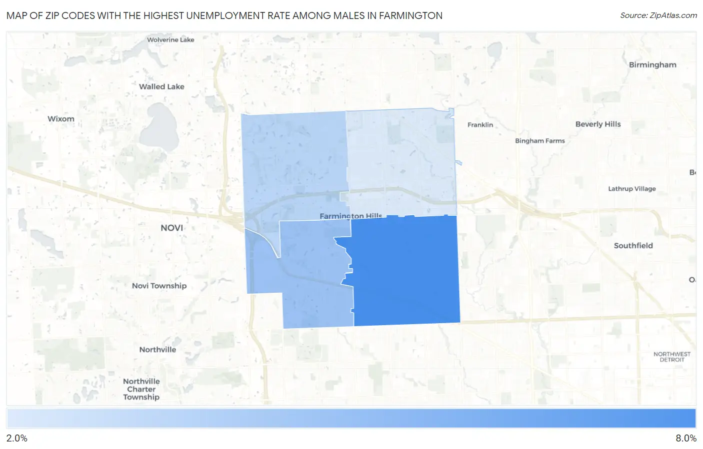Zip Codes with the Highest Unemployment Rate Among Males in Farmington Map
