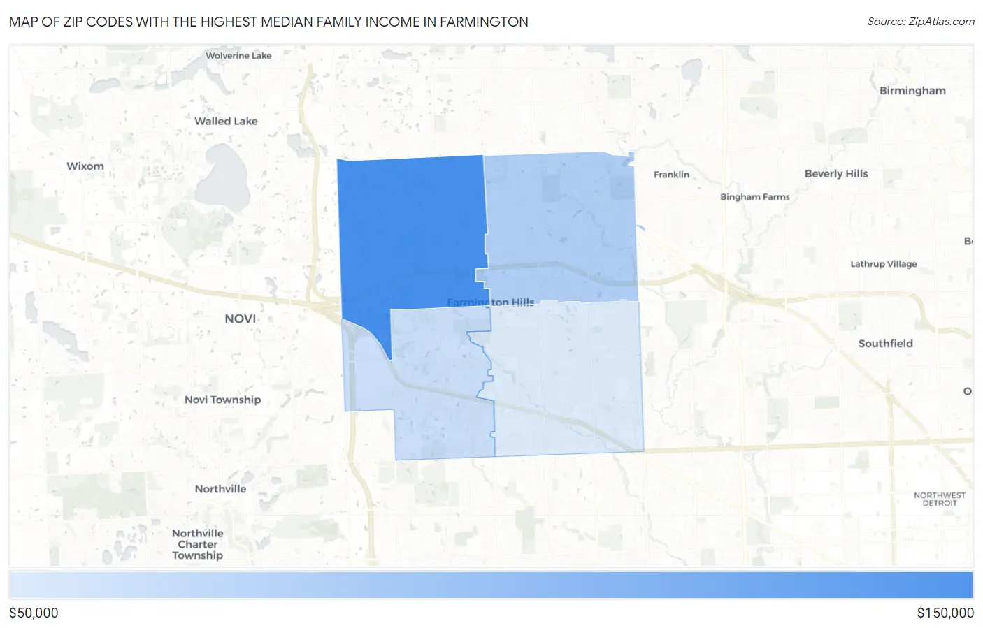 Zip Codes with the Highest Median Family Income in Farmington Map