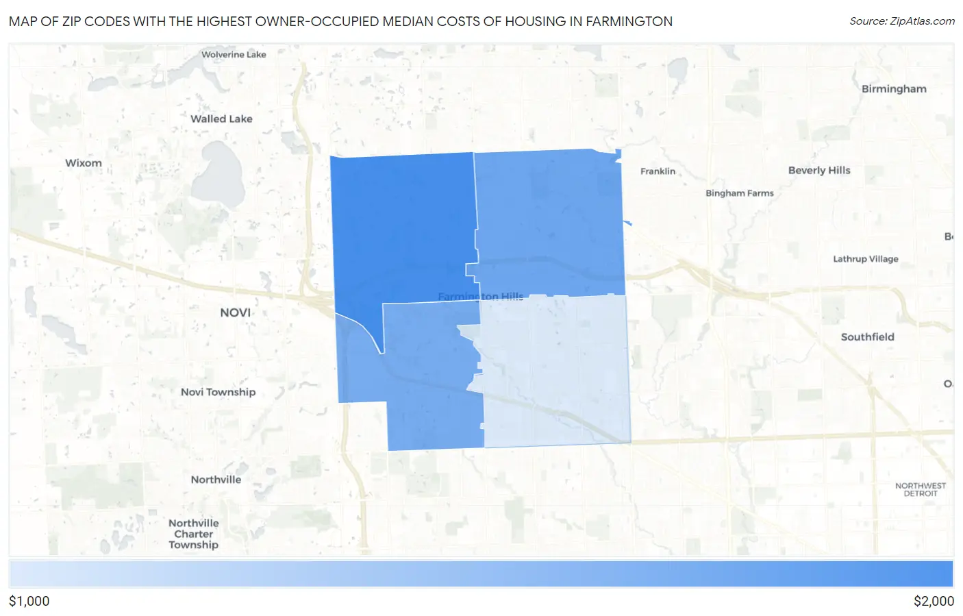 Zip Codes with the Highest Owner-Occupied Median Costs of Housing in Farmington Map