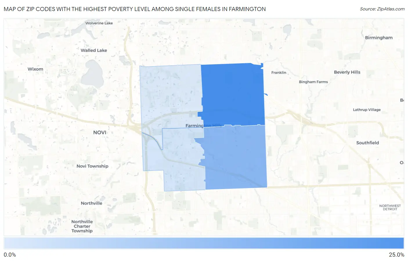Zip Codes with the Highest Poverty Level Among Single Females in Farmington Map