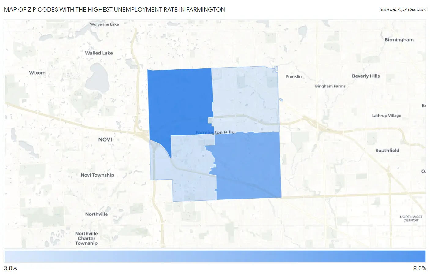 Zip Codes with the Highest Unemployment Rate in Farmington Map