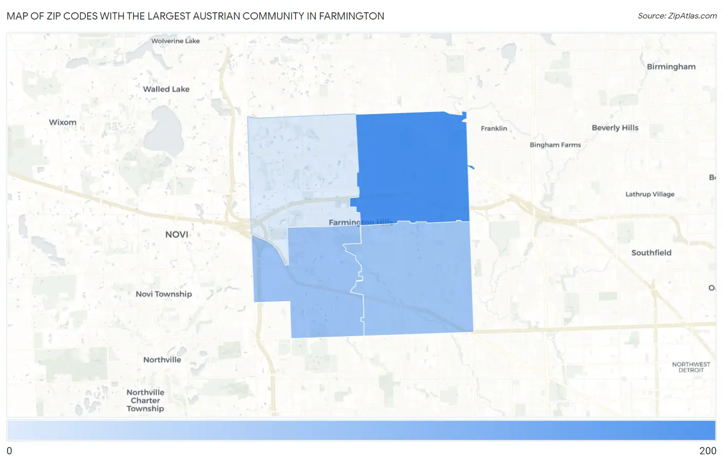 Zip Codes with the Largest Austrian Community in Farmington Map