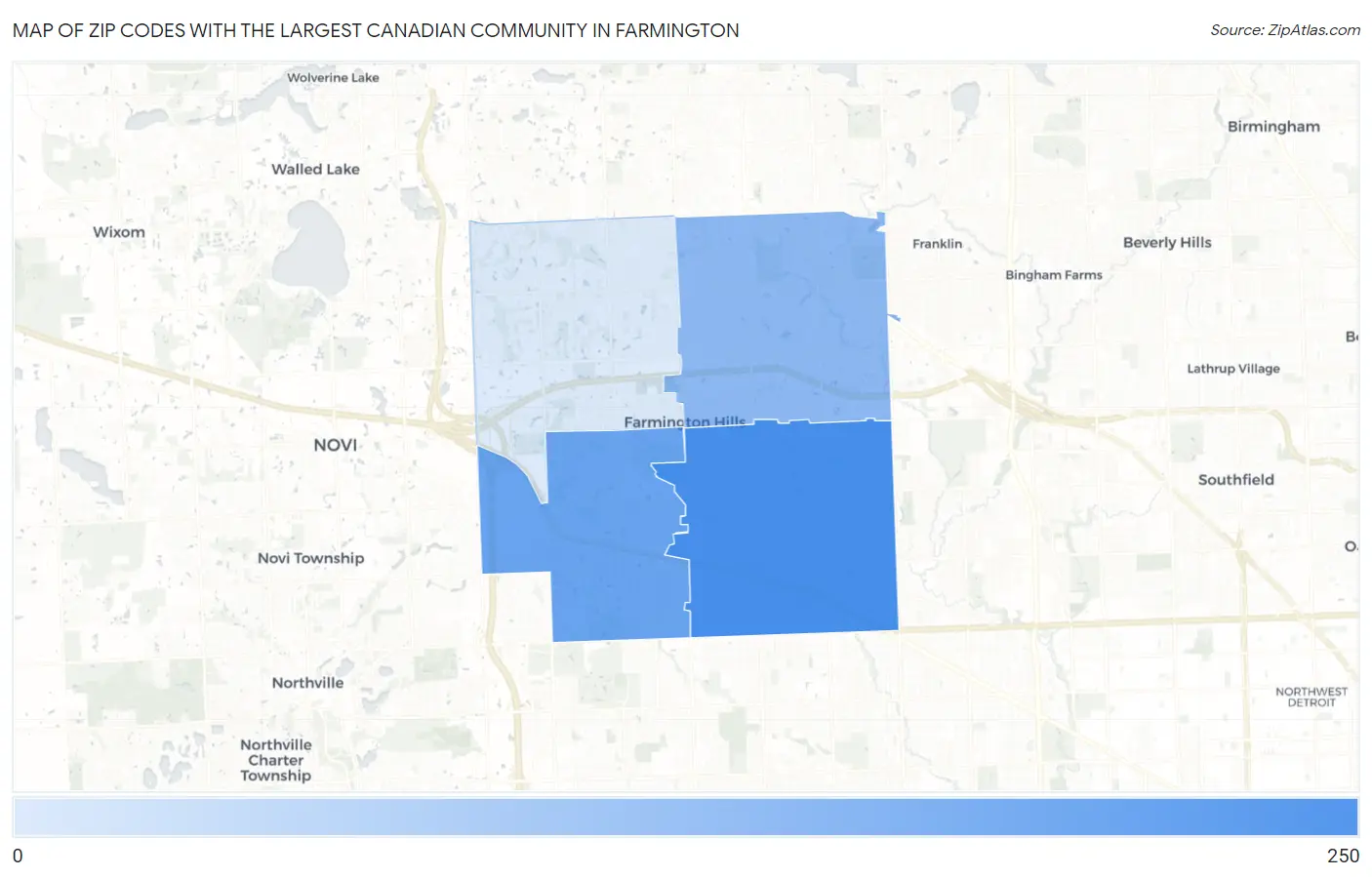 Zip Codes with the Largest Canadian Community in Farmington Map