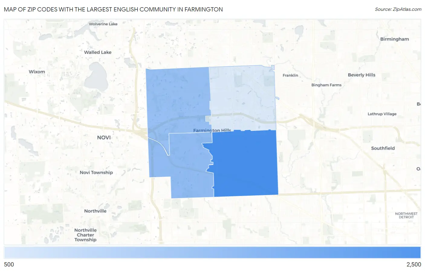 Zip Codes with the Largest English Community in Farmington Map