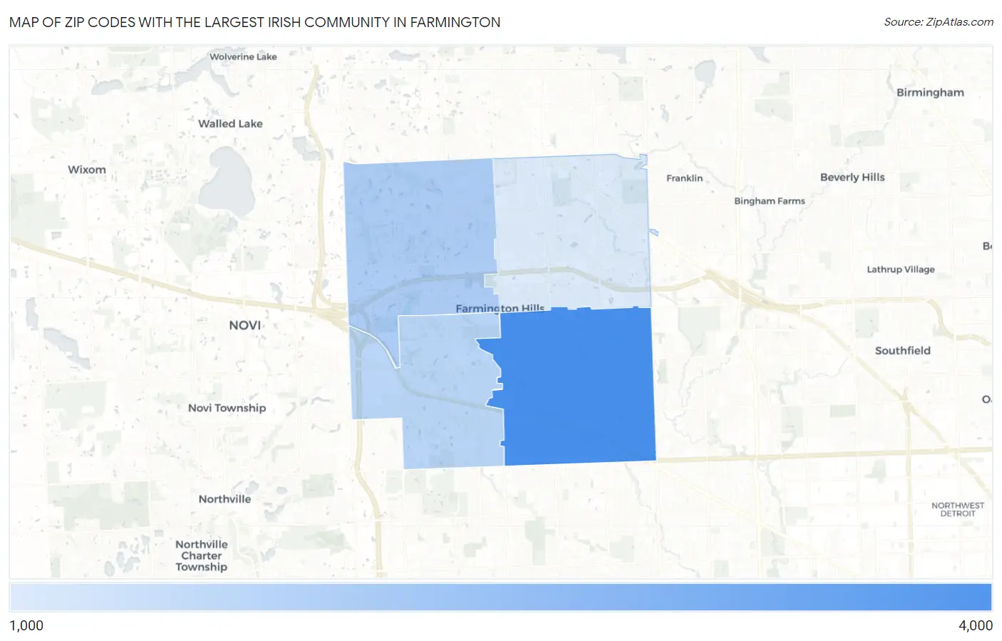 Zip Codes with the Largest Irish Community in Farmington Map
