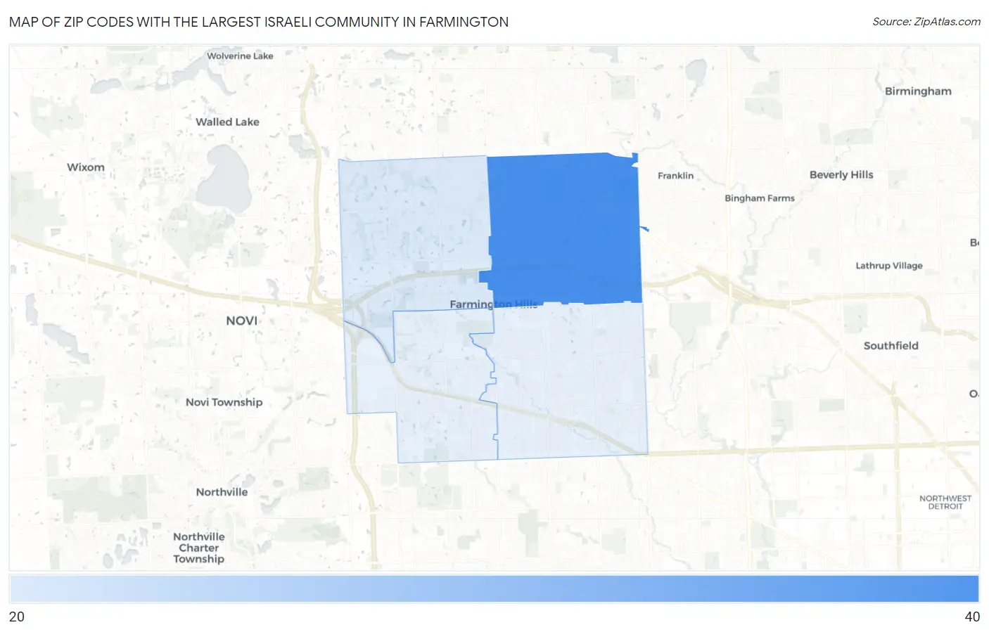 Zip Codes with the Largest Israeli Community in Farmington Map