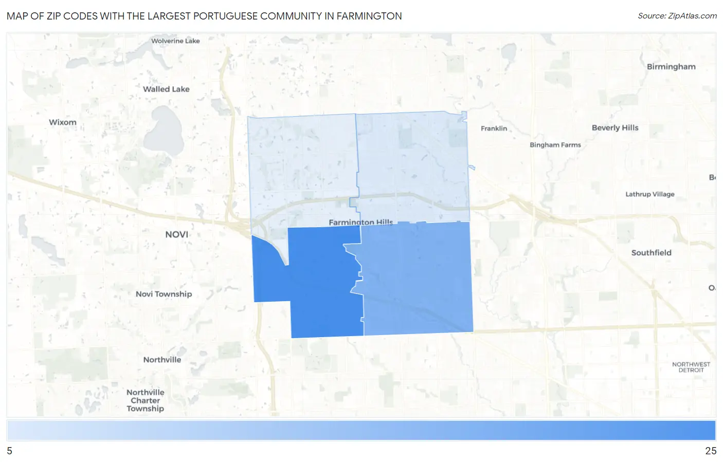 Zip Codes with the Largest Portuguese Community in Farmington Map