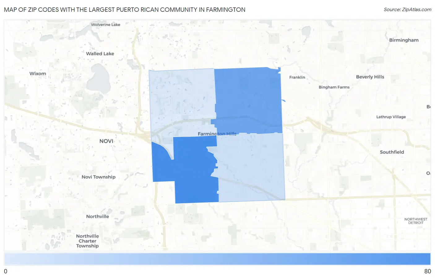 Zip Codes with the Largest Puerto Rican Community in Farmington Map