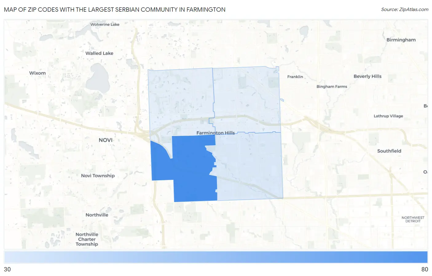 Zip Codes with the Largest Serbian Community in Farmington Map