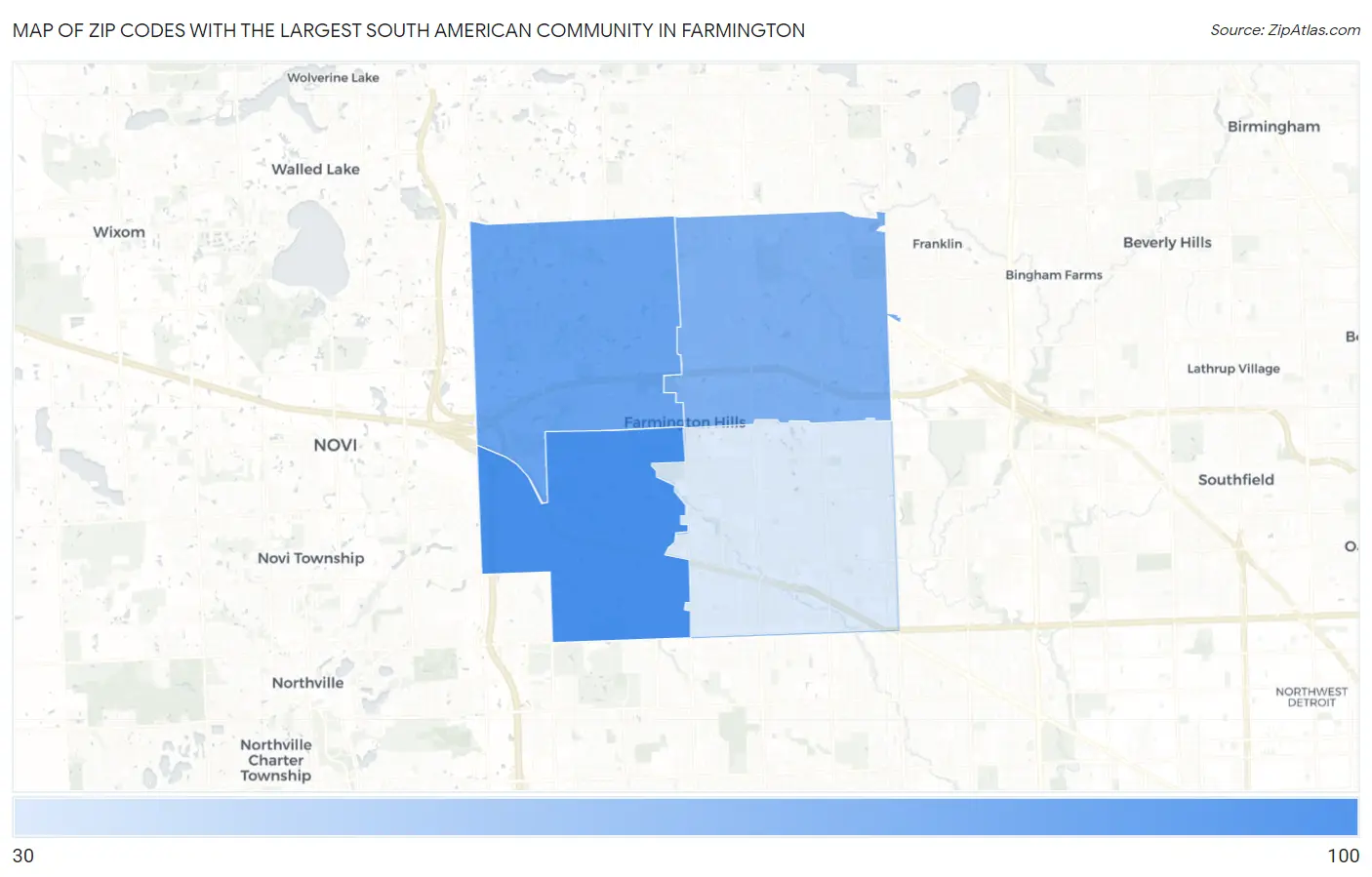 Zip Codes with the Largest South American Community in Farmington Map
