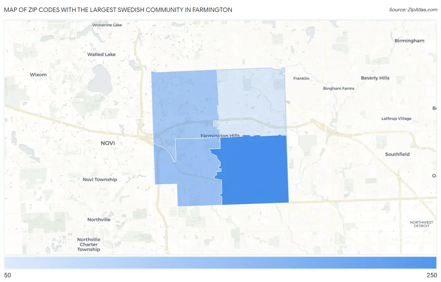 Zip Codes with the Largest Swedish Community in Farmington Map