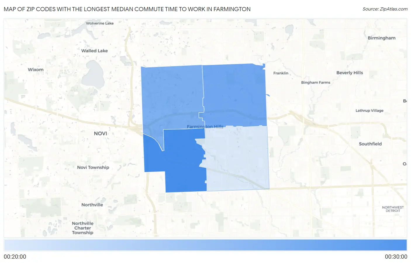 Zip Codes with the Longest Median Commute Time to Work in Farmington Map