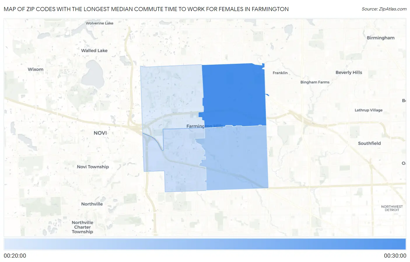 Zip Codes with the Longest Median Commute Time to Work for Females in Farmington Map