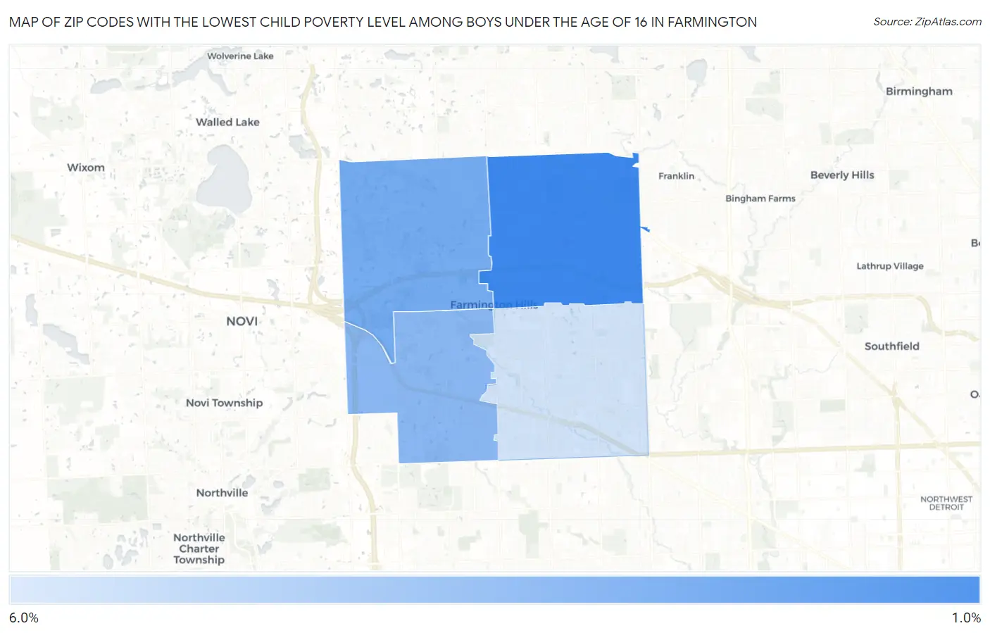 Zip Codes with the Lowest Child Poverty Level Among Boys Under the Age of 16 in Farmington Map
