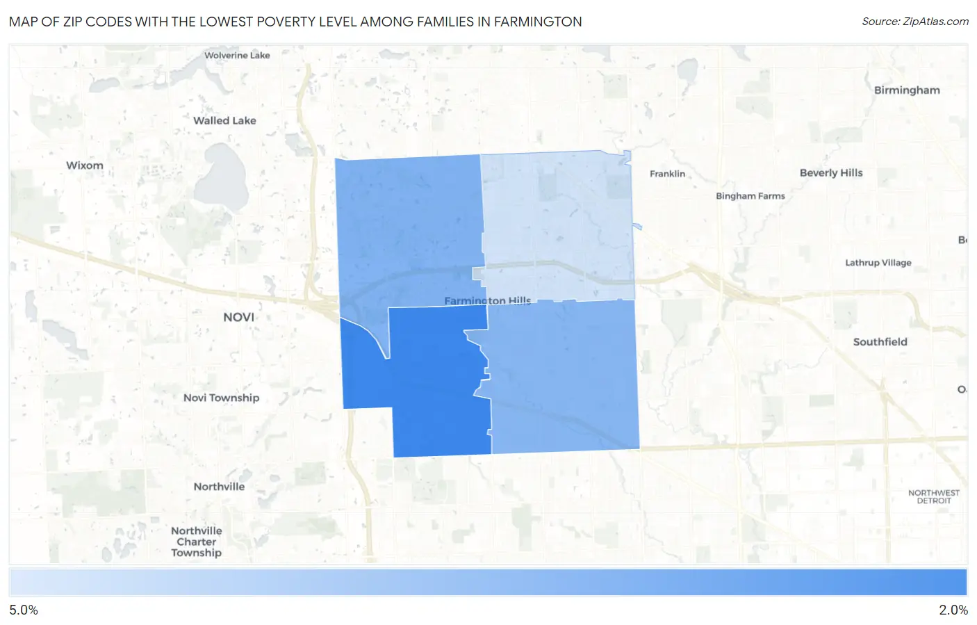 Zip Codes with the Lowest Poverty Level Among Families in Farmington Map