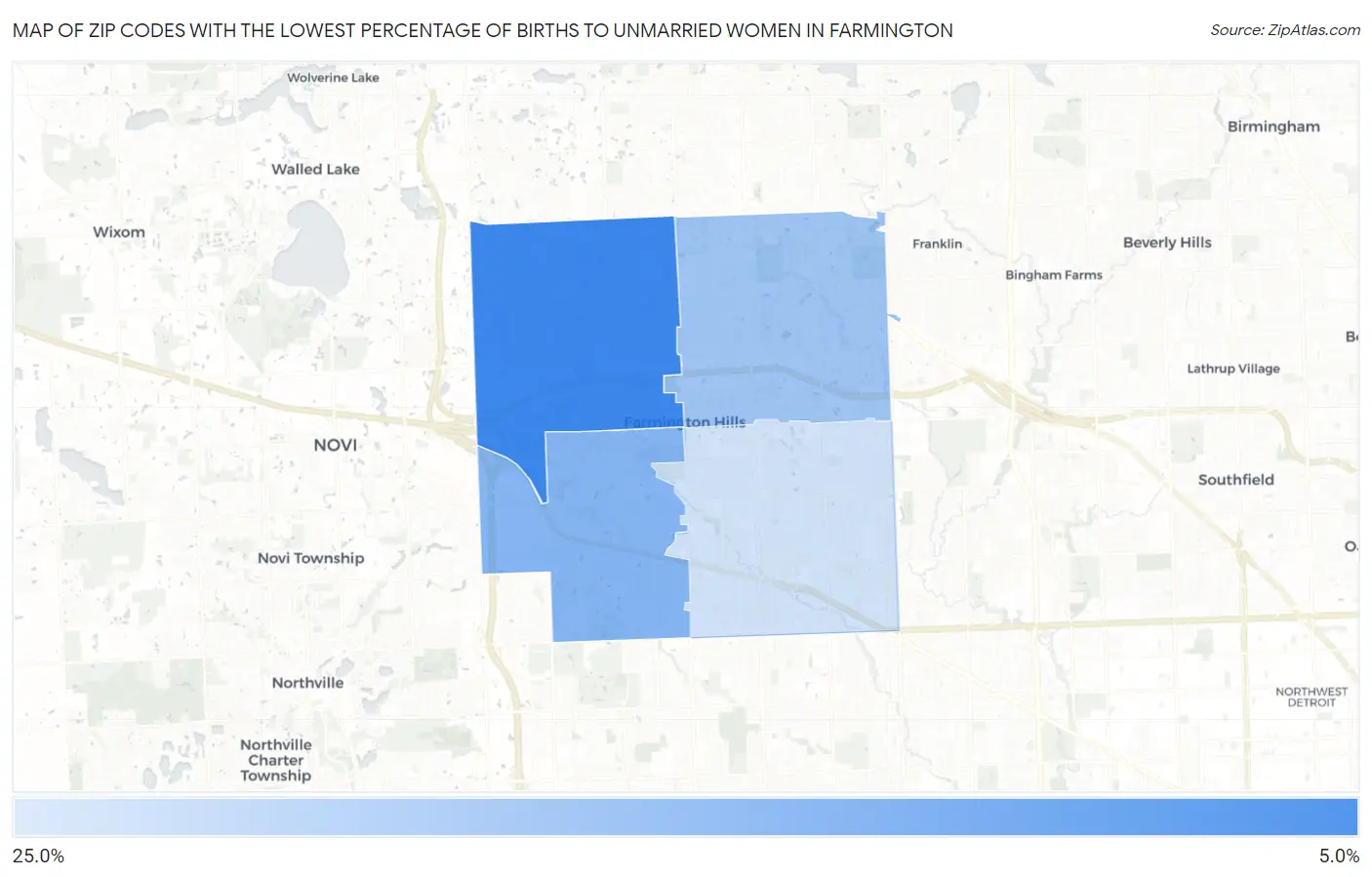 Zip Codes with the Lowest Percentage of Births to Unmarried Women in Farmington Map
