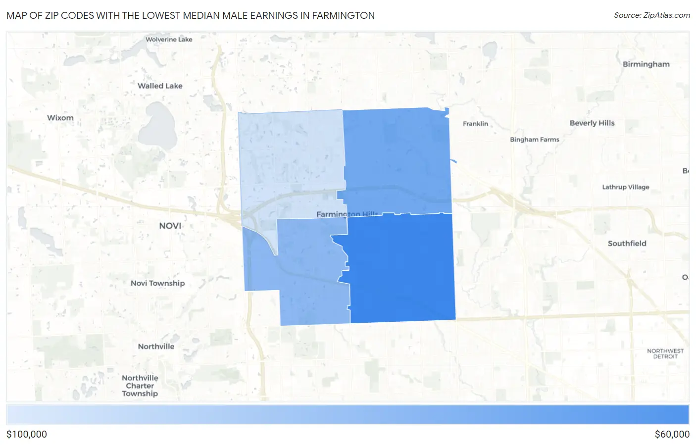 Zip Codes with the Lowest Median Male Earnings in Farmington Map