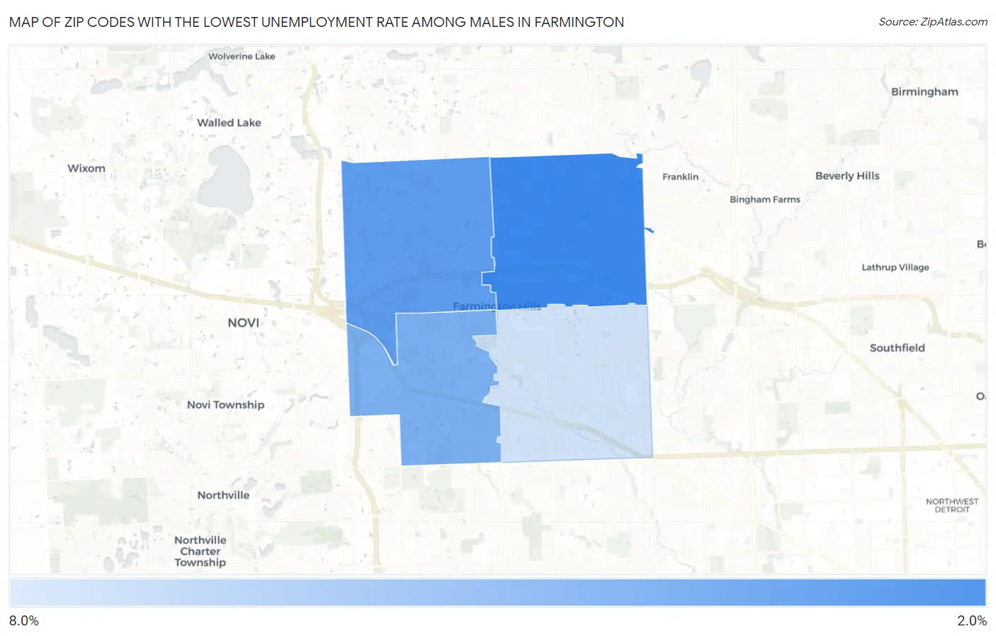 Zip Codes with the Lowest Unemployment Rate Among Males in Farmington Map