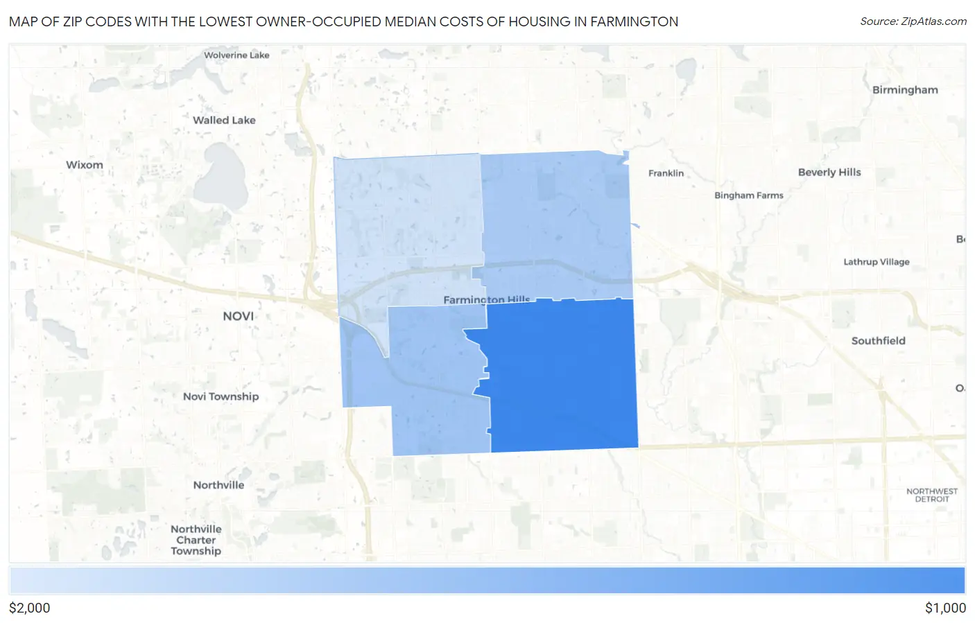 Zip Codes with the Lowest Owner-Occupied Median Costs of Housing in Farmington Map