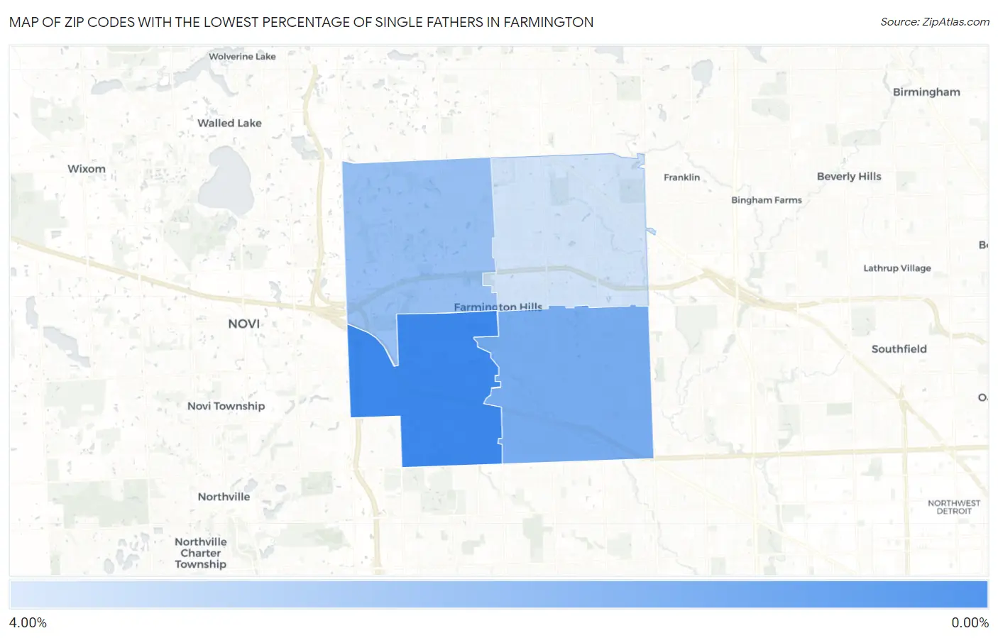 Zip Codes with the Lowest Percentage of Single Fathers in Farmington Map