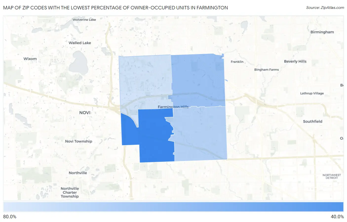 Zip Codes with the Lowest Percentage of Owner-Occupied Units in Farmington Map