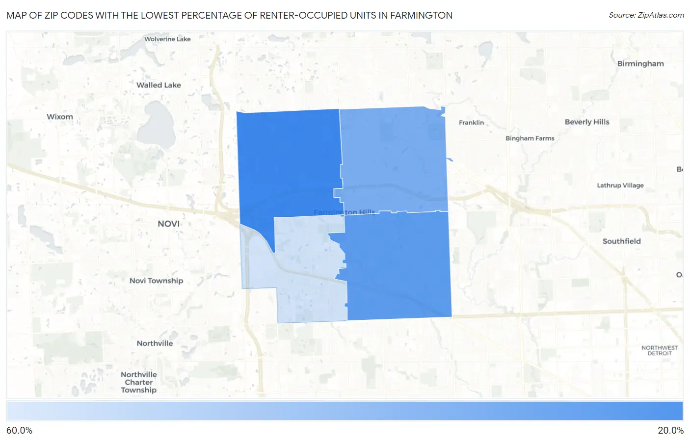 Zip Codes with the Lowest Percentage of Renter-Occupied Units in Farmington Map