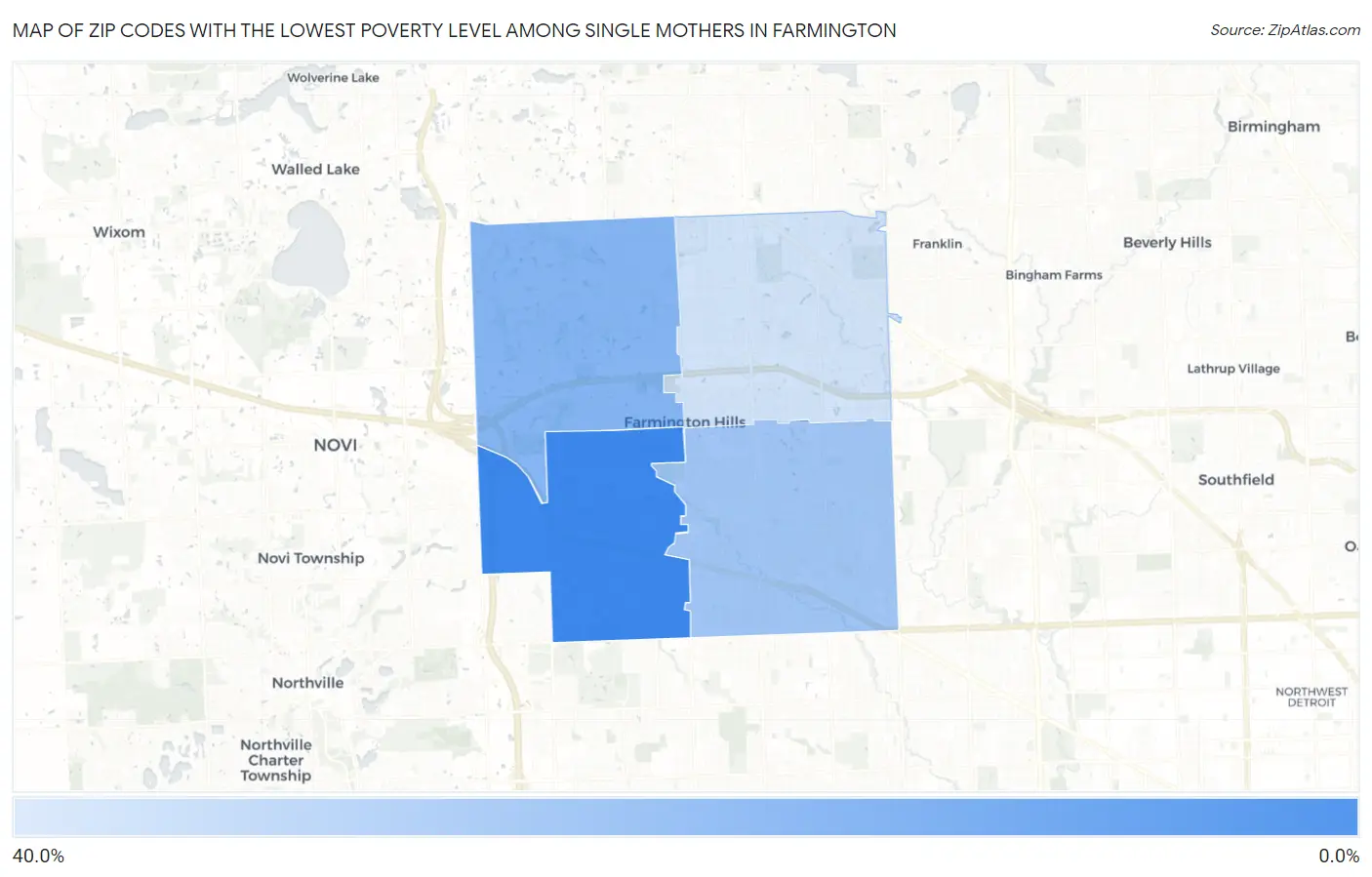Zip Codes with the Lowest Poverty Level Among Single Mothers in Farmington Map