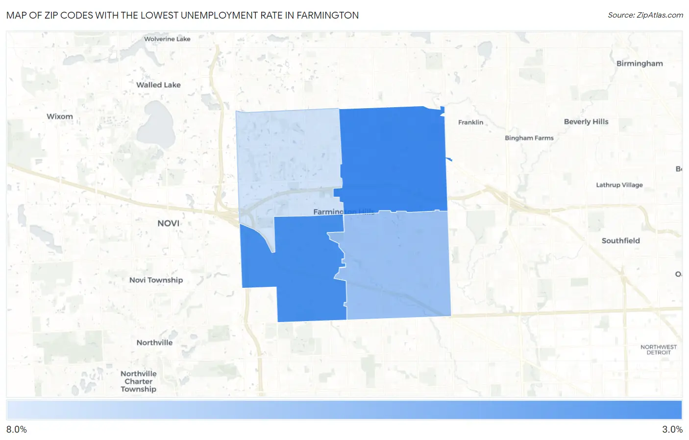 Zip Codes with the Lowest Unemployment Rate in Farmington Map