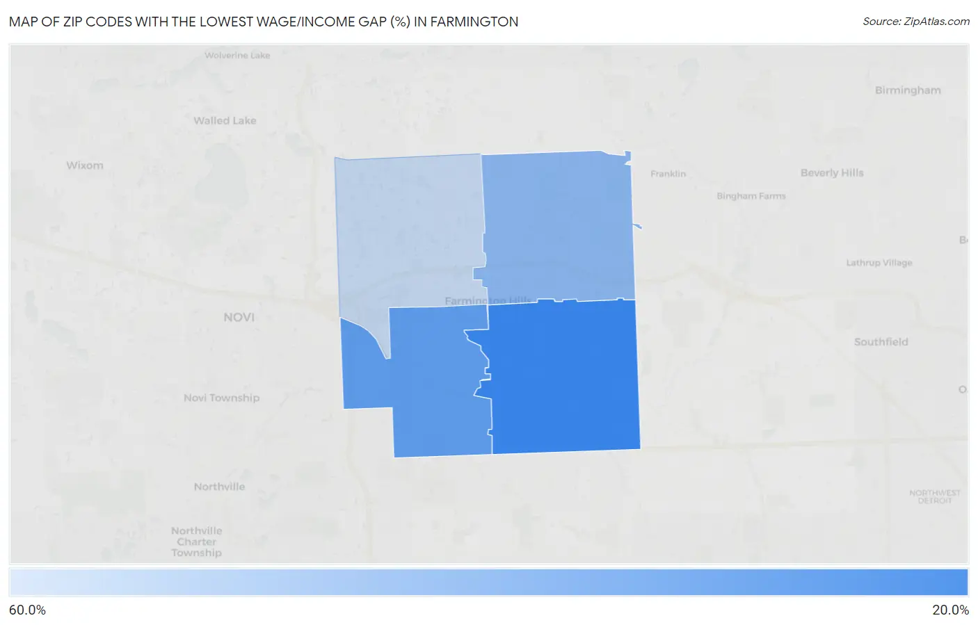 Zip Codes with the Lowest Wage/Income Gap (%) in Farmington Map