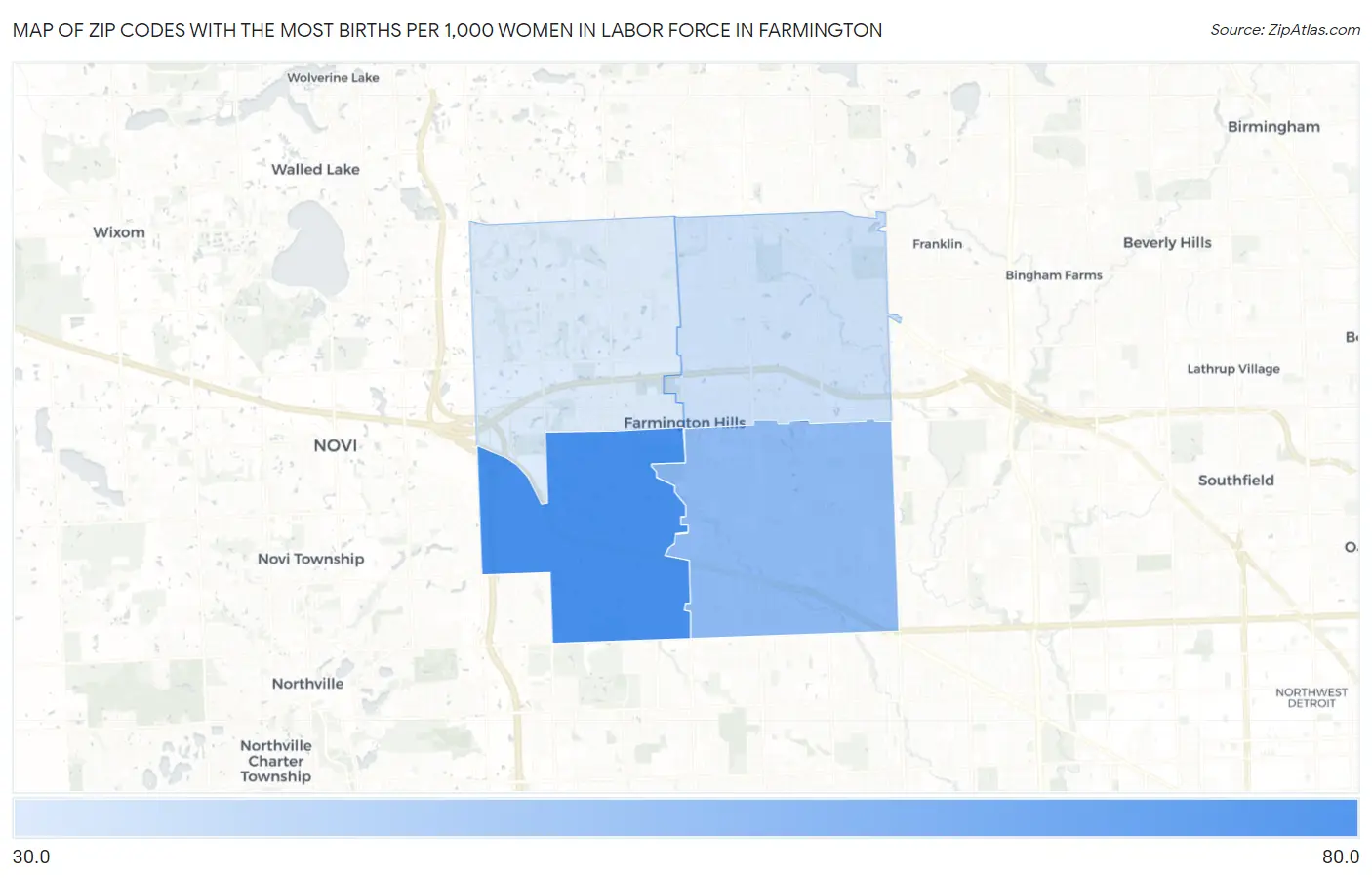 Zip Codes with the Most Births per 1,000 Women in Labor Force in Farmington Map