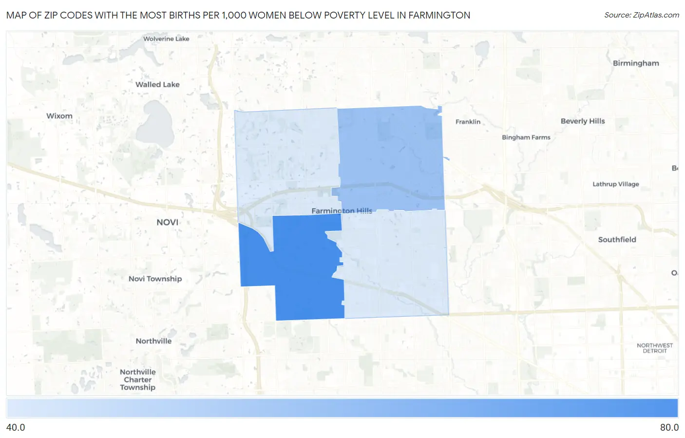 Zip Codes with the Most Births per 1,000 Women Below Poverty Level in Farmington Map