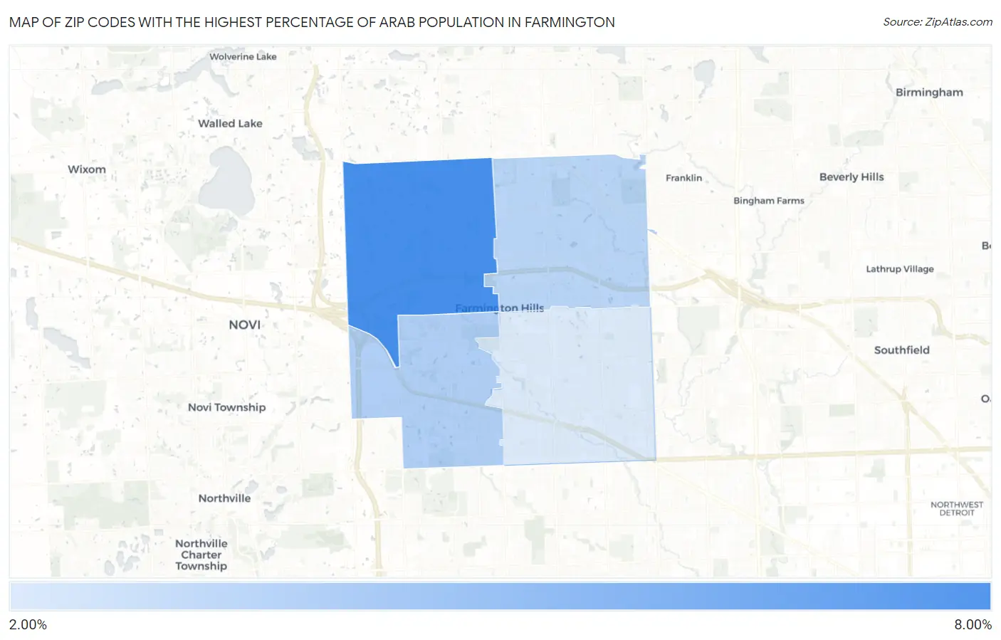 Zip Codes with the Highest Percentage of Arab Population in Farmington Map