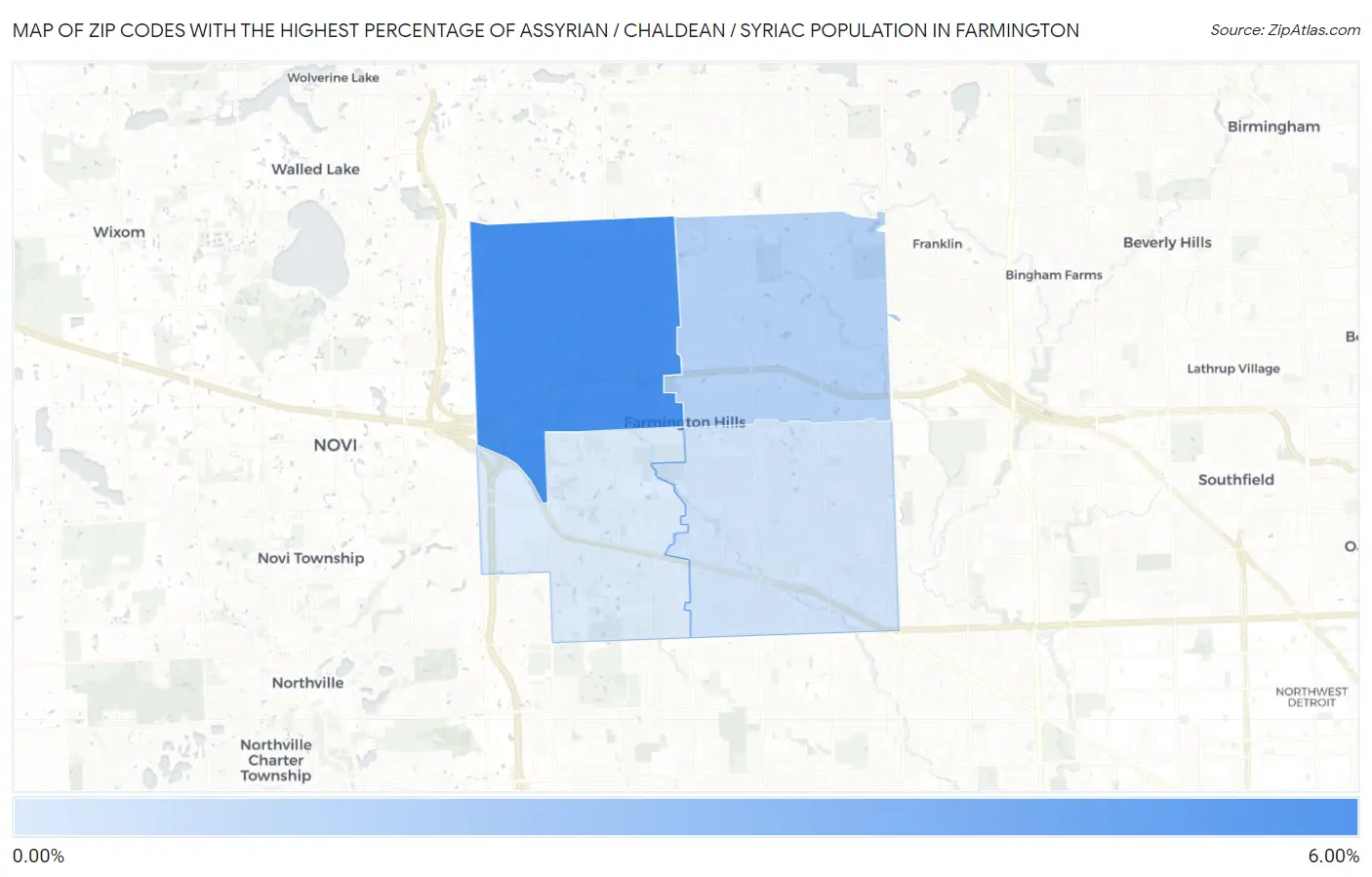 Zip Codes with the Highest Percentage of Assyrian / Chaldean / Syriac Population in Farmington Map