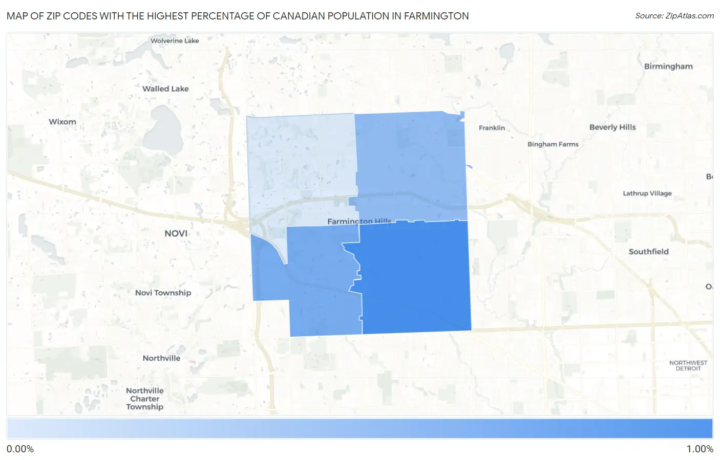 Zip Codes with the Highest Percentage of Canadian Population in Farmington Map
