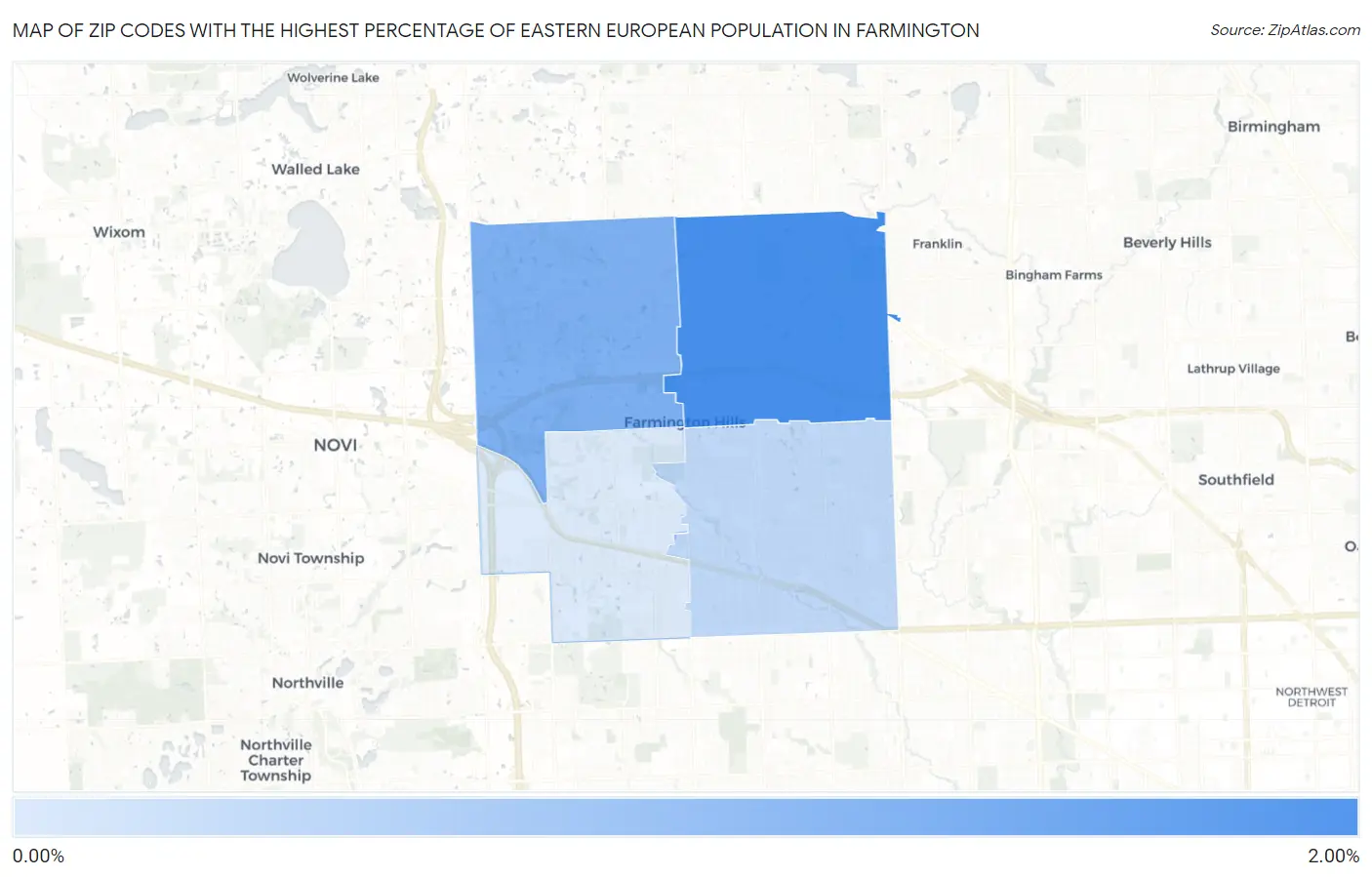 Zip Codes with the Highest Percentage of Eastern European Population in Farmington Map