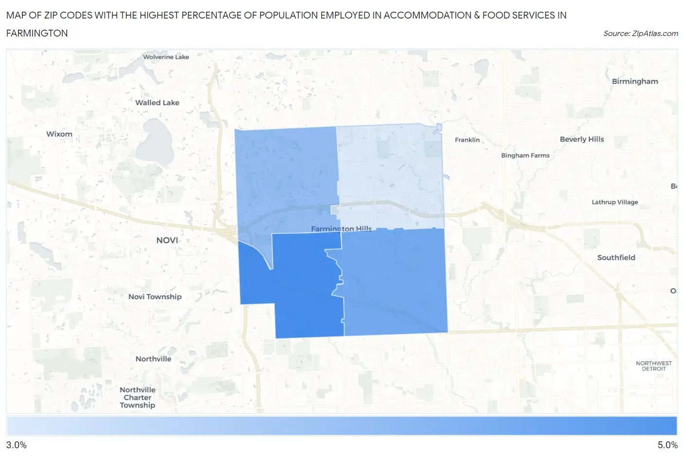Zip Codes with the Highest Percentage of Population Employed in Accommodation & Food Services in Farmington Map