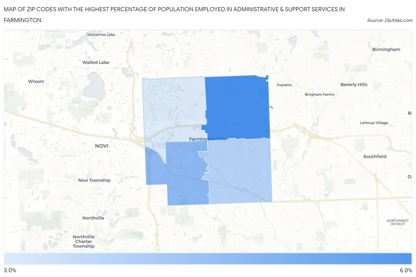 Zip Codes with the Highest Percentage of Population Employed in Administrative & Support Services in Farmington Map