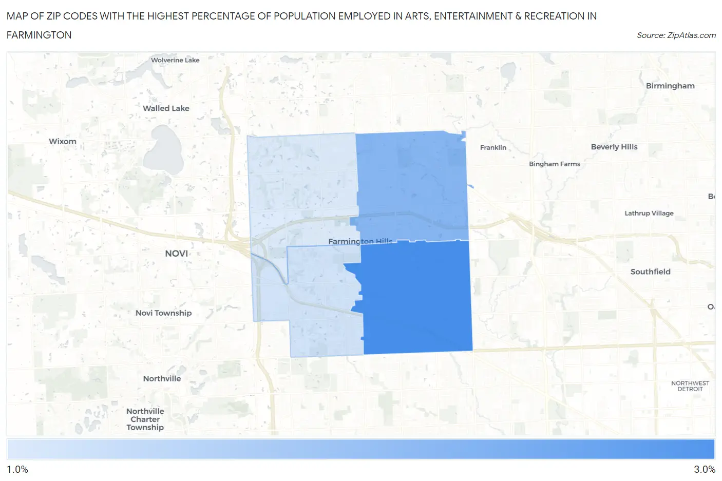 Zip Codes with the Highest Percentage of Population Employed in Arts, Entertainment & Recreation in Farmington Map